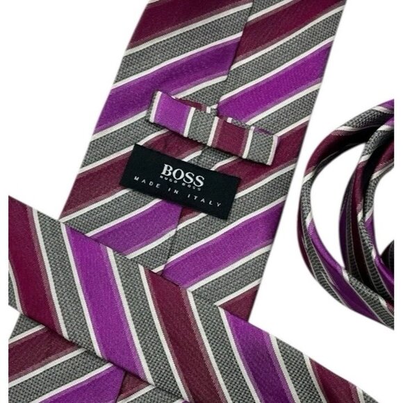 HUGO BOSS Men's 100% Silk Necktie LUXURY XL Purple Burgundy Striped W:3.5" EUC - Picture 2 of 4